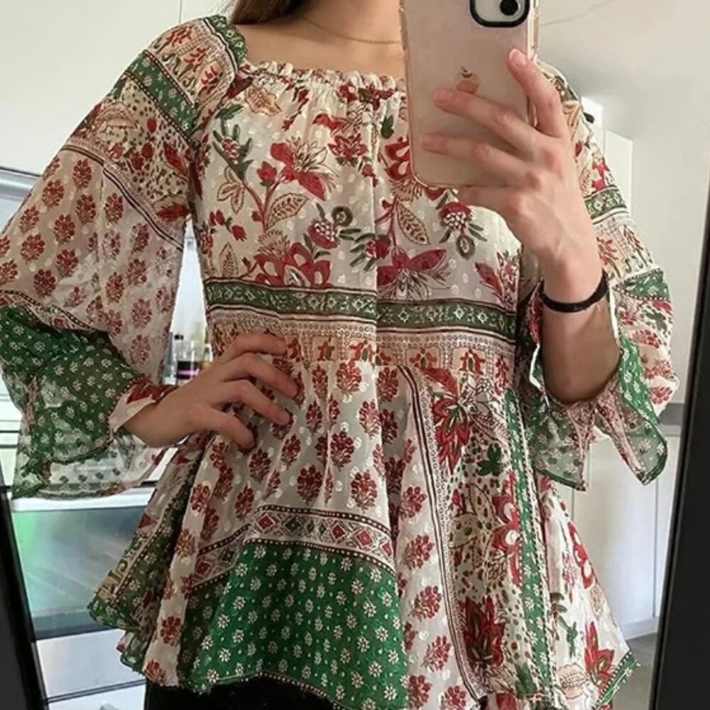 ZARA PATCHWORK off shoulder PRINTED BLOUSE TOP